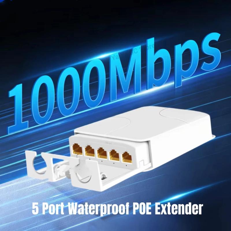 Estensore PoE Impermeabile a 5 Porte con Velocità Gigabit 1000Mbps Trasmissione Stabile per Estensione Rete Telecamere di Sicurezza da Esterno
