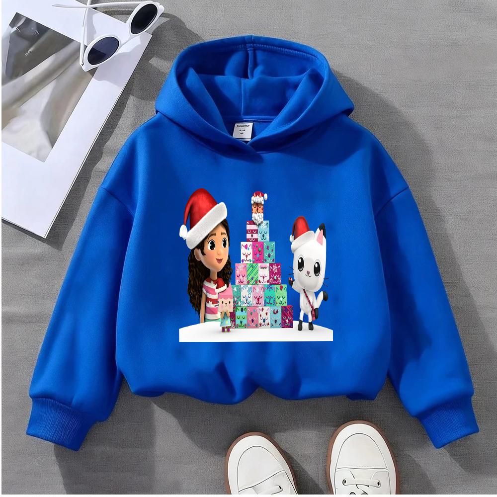 

Autumn Winter Cartoon Character Children s Hoodie Christmas Theme Cat Girl Printed Comfortable Warm Girl Hoodie 160cm синий