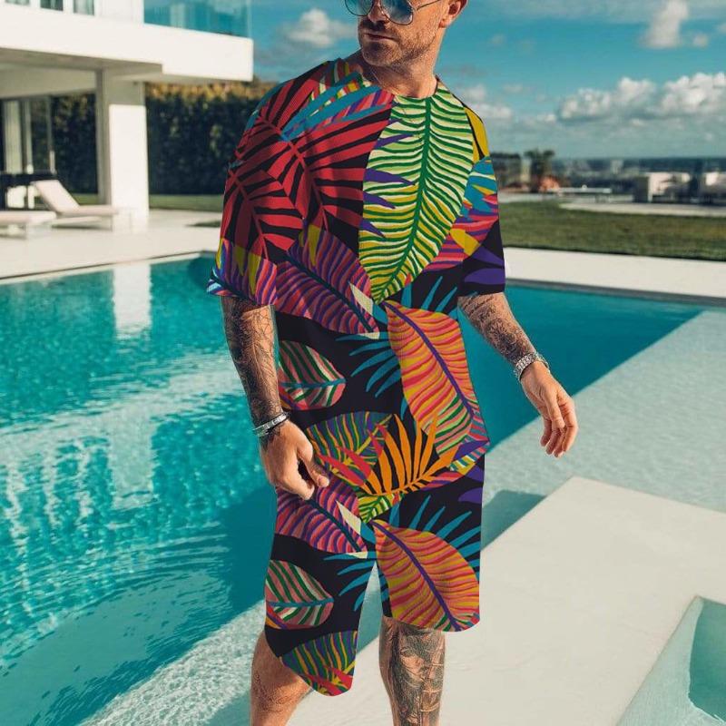 Men's Hawaiian Full Print Suit Casual T-shirt Beach Pants Suit