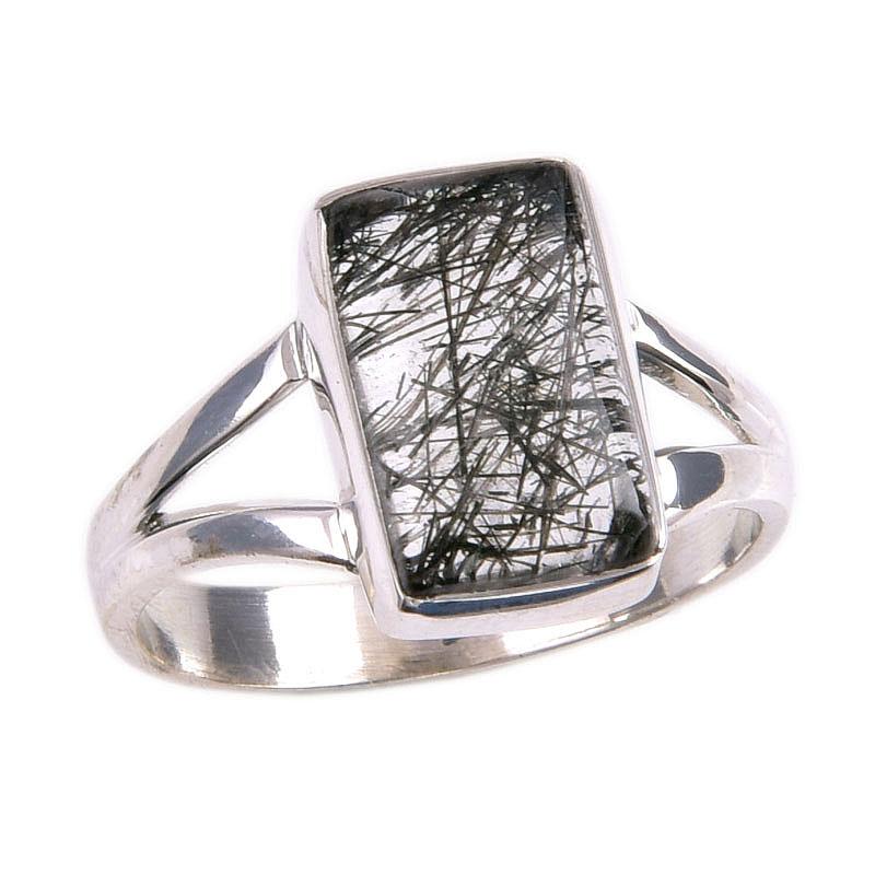 Natural Black Rutile Gemstone 925 Solid Sterling Silver Jewelry Ring S.5.5 z0F28
