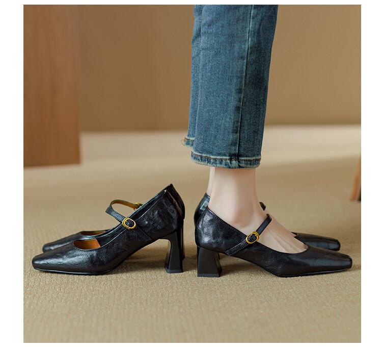 

Французские ретро туфли на высоком каблуке из мягкой черной кожи, весна 2025, новый толстый каблук, ремешок с пряжкой, туфли Мэри Джейн, женские туфли 39 чёрный