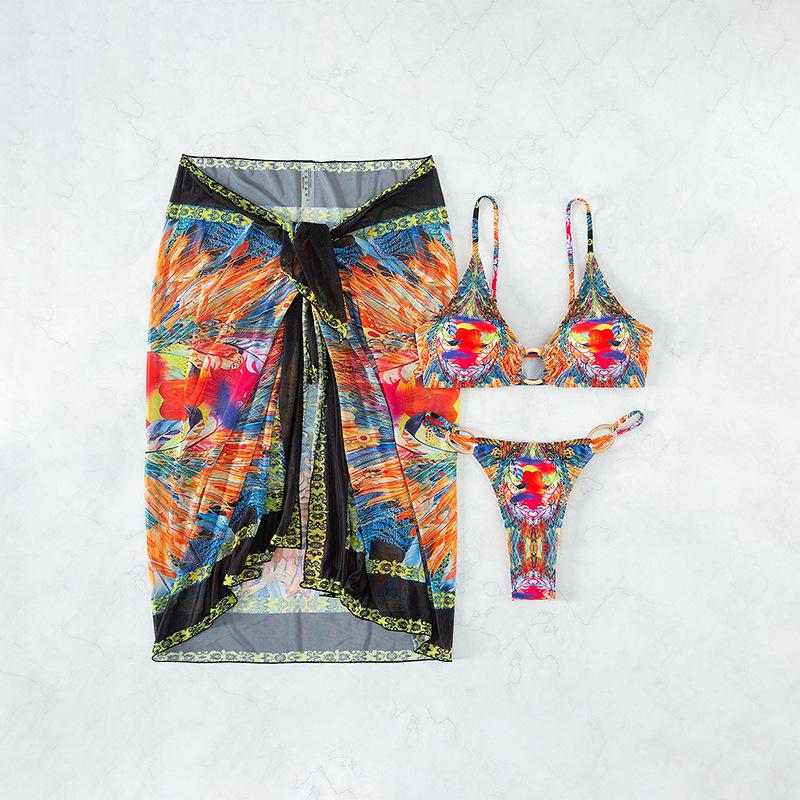 2025 European & American Tie-Dye Bikini Swimwear Set: Sexy Mesh Skirt, Three-Piece Swimsuit for Women
