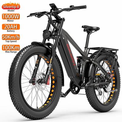 Electric Bicycle Dukawey Silvertip8 1000W 26” Fat Fully Suspended Adult Electric Bike 52V 20AH Dual Hydraulic Brakes Max Load 150Kg