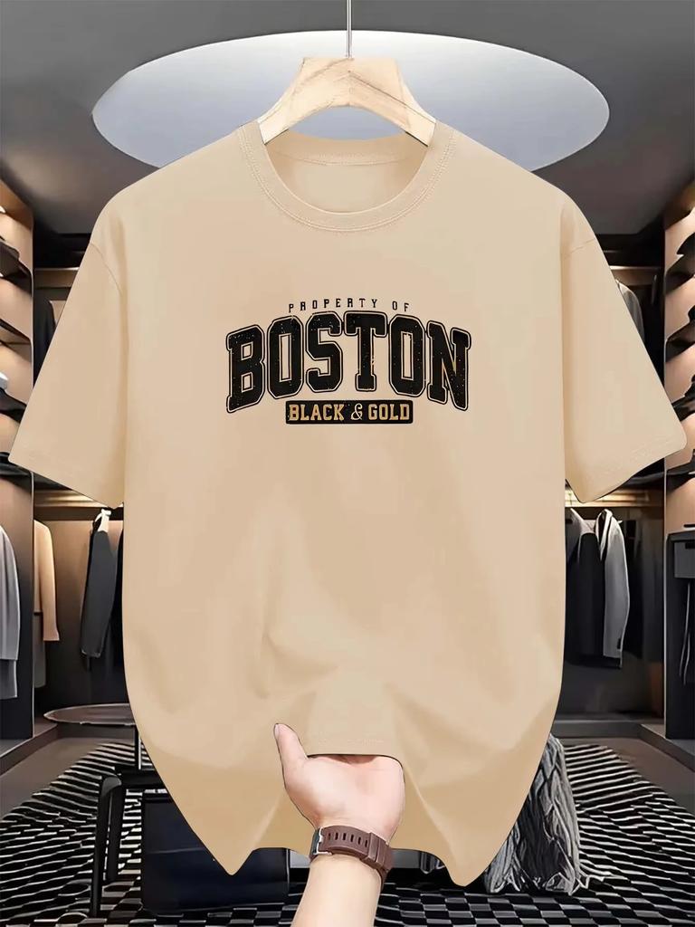 2025 Men's Casual Fashion Trend round-neck T-shirt, Boston print, 100% pure cotton short-sleeved summer top