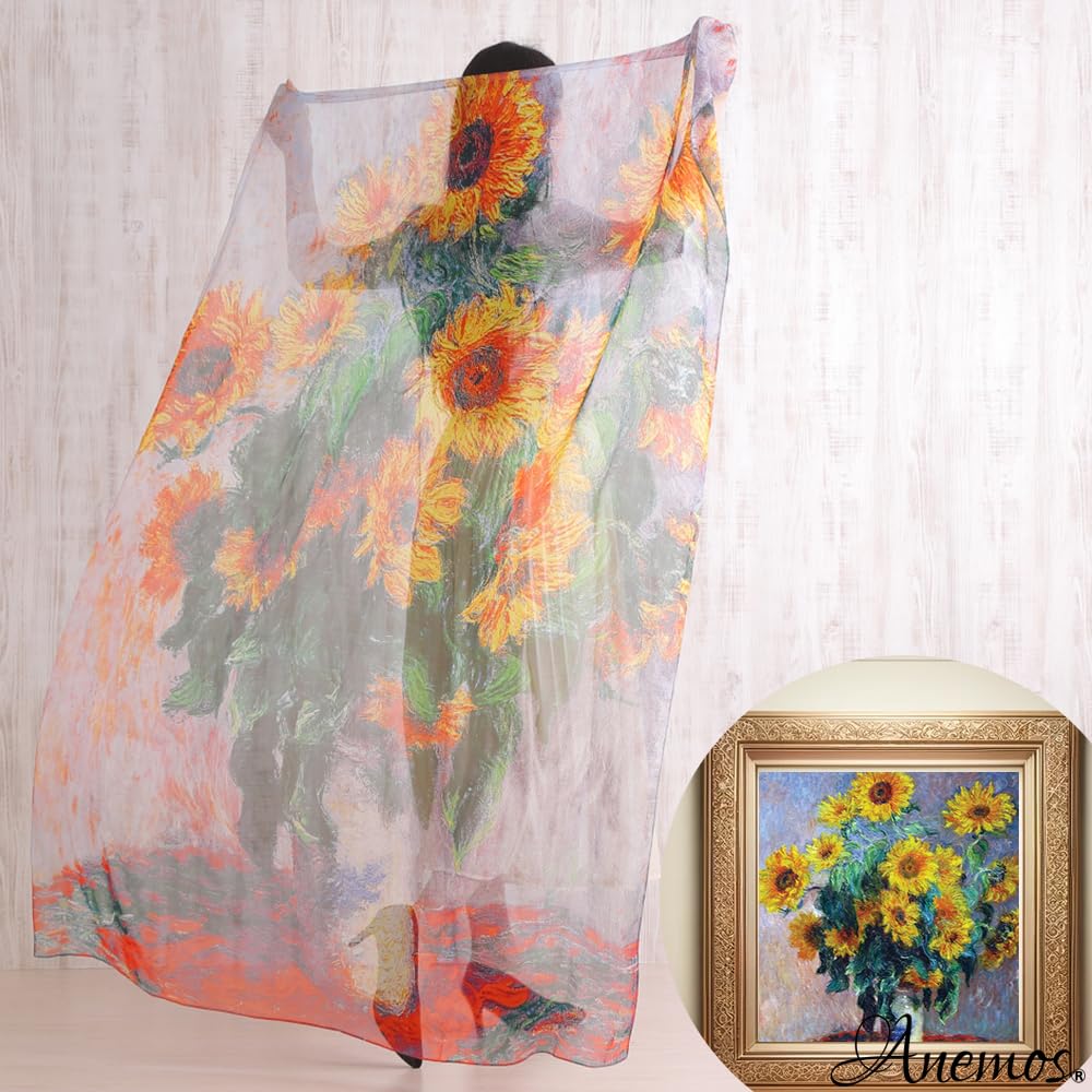 Seide Impressionist Claude Monet Sonnenblumen Chiffonseide Großes Meisterwerk Stola Geschenk [Anemos] 100%