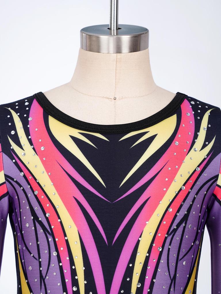 Mädchen Ganzkörper Strass-Leotard Rundhalsausschnitt Langarm Kontrastfarben-Print Steg-Jumpsuit für Gymnastikwettkampf Training
