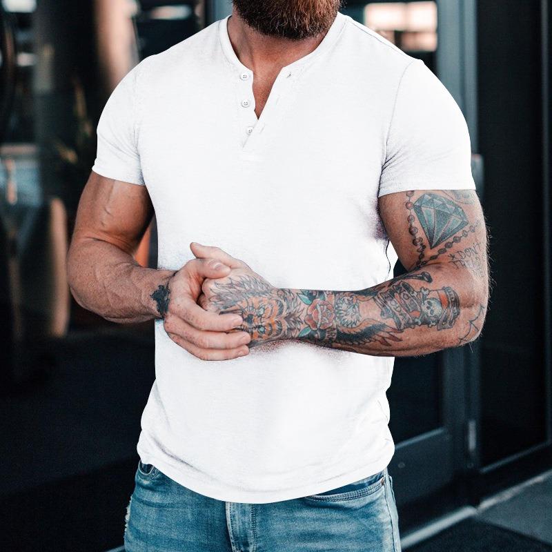 Mens Summer Casual Solid Short Sleeve Henley T Shirt