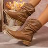 Fashion Brown Pu Leather Pleated Ankle Boots Women Plus Size 36-43 Thick Heeled Western Booties Mujer 2025 Slip On Cowboy Boots Woman