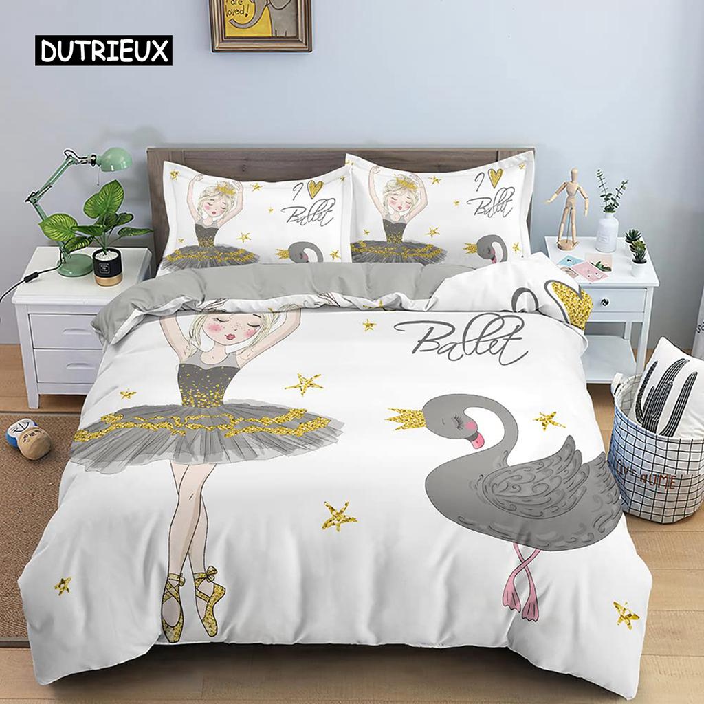Cartoon Ballet Dancing Girl Duvet Cover Set Twin Size Kids Bedding Princess Nordic 150x90cm