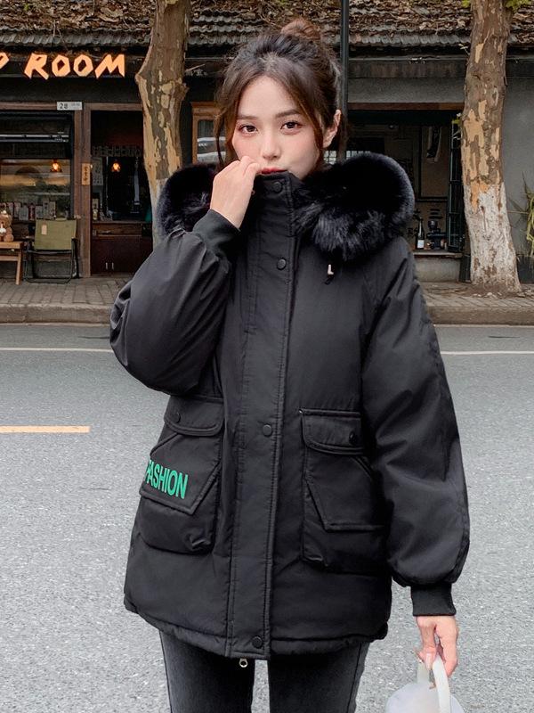 Women's Mid-Length Slim Fit Cotton Parka with Large Fur Collar - Korean Style, Plus Velvet, Thick, and Warm for Winter 2026.