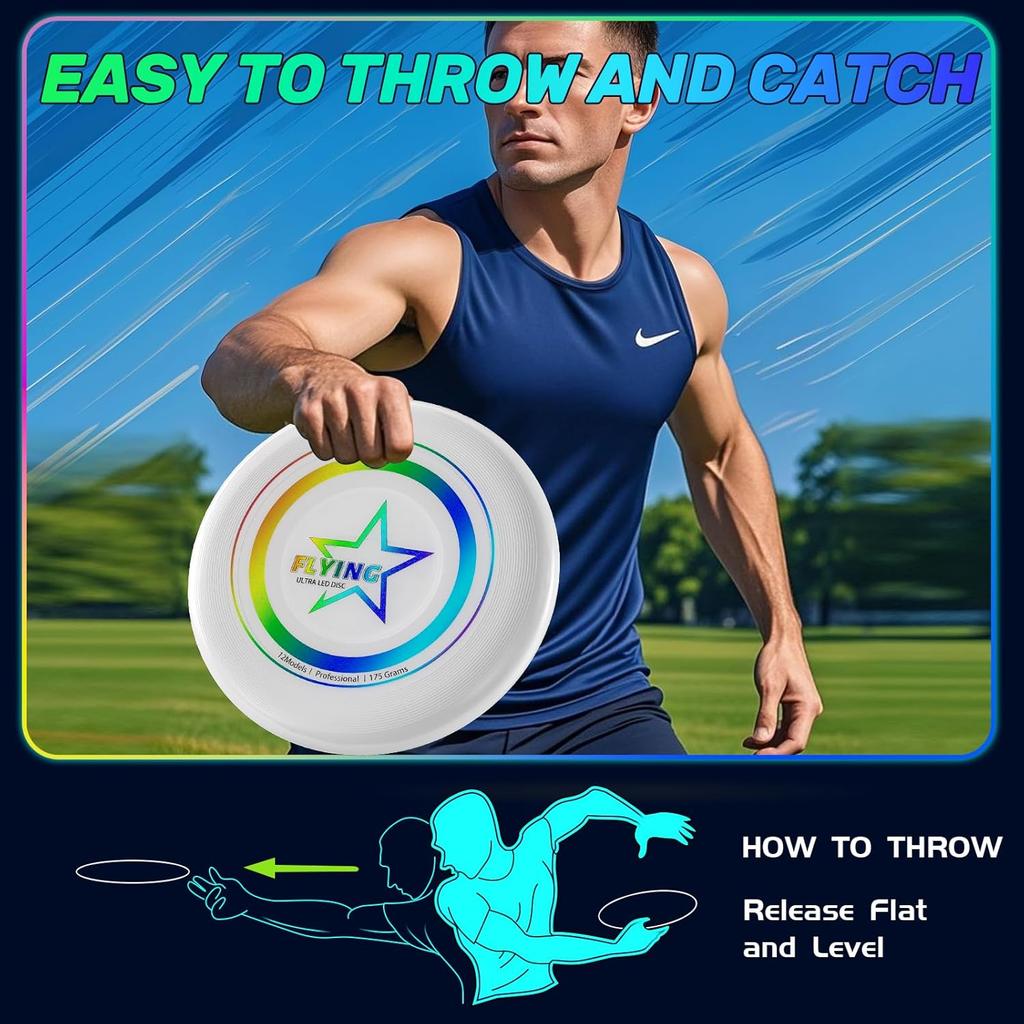 Ultra Bright Flying Disc, Luminous Flying Disc - 12 Intelligent Light Programmes, Rechargeable & Shockproof (Ideal for Night Games, Garden Parties,)