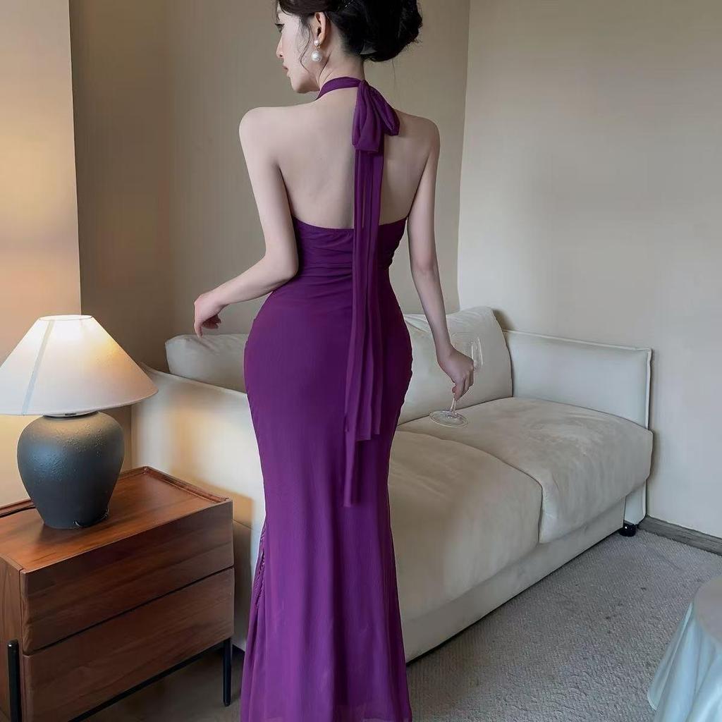 Charming, Pure & Sexy Halterneck Mesh Summer Dress for Women - Long, Low-Cut, Backless Design