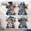 Artistic Holiday Gift 4Pcs Christmas Highland Cow Figurine, Winter Blue Yak Statues with Snowflakes Xmas Colorful Resin Crafts Hats, Farmhouse