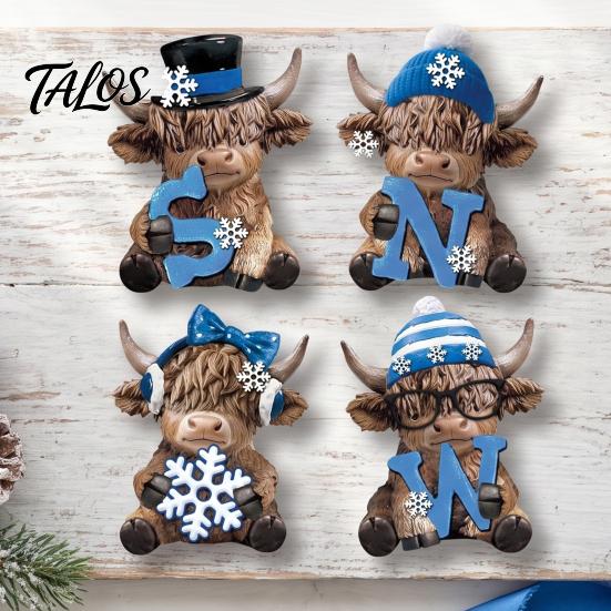 Artistic Holiday Gift 4Pcs Christmas Highland Cow Figurine, Winter Blue Yak Statues with Snowflakes Xmas Colorful Resin Crafts Hats, Farmhouse