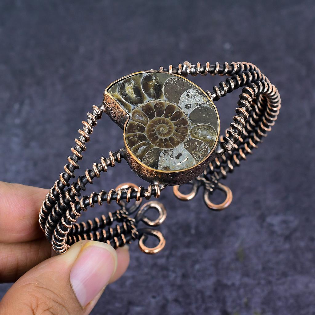 Ammonite Fossil Gemstone Copper Wire Wrap Cuff Bangle Adjustable