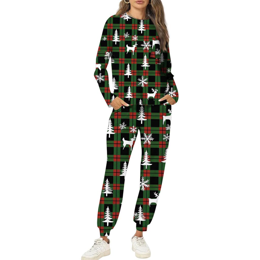 Sets For Women 2 Piece Round Neck Long Sleeve Shirts Printed Sweatpants Pocket Sets