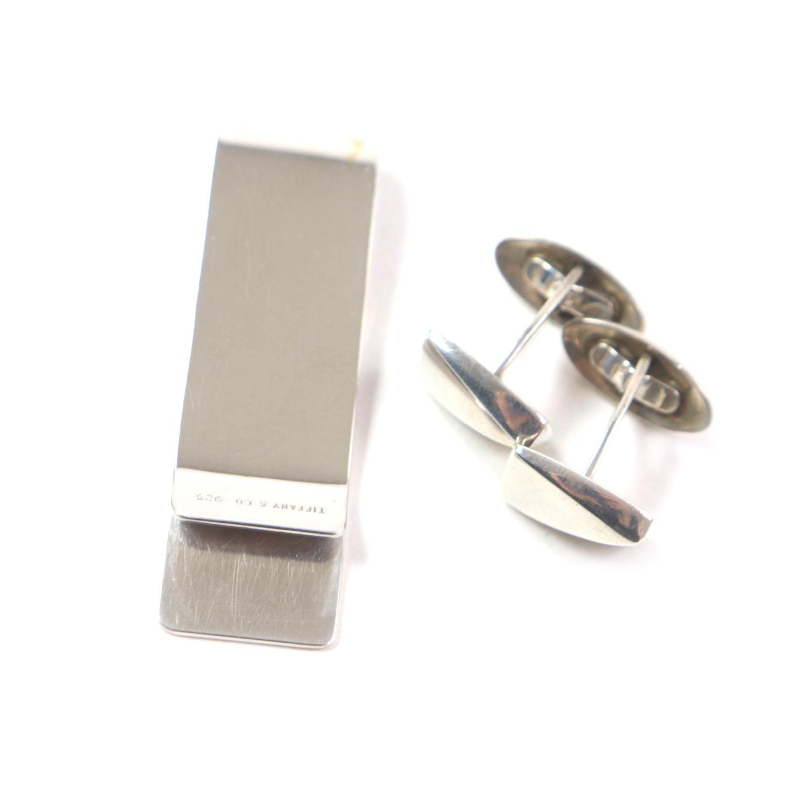 Great TIFFANY&Co. Cufflinks Men s Jewelry Engraved logo money clip Silver925 mens Used