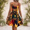 Women Plus Size Black V Neck Sleeveless Spaghetti Strap Gathered Waist Flared Printed Dress