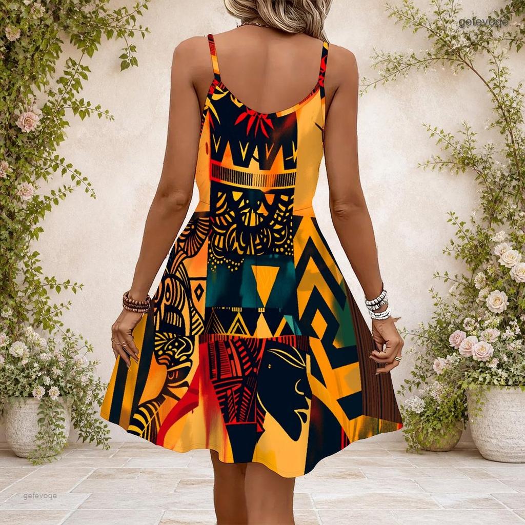Women Plus Size Black V Neck Sleeveless Spaghetti Strap Gathered Waist Flared Printed Dress