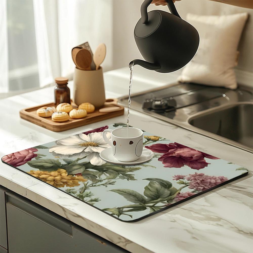 1Pcs Rubber Drying Mat With Rose Floral For Coffee Shop Restaurant Kitchen Carpet Tableware Durable Diatom Mud Table Mat Pet Mat