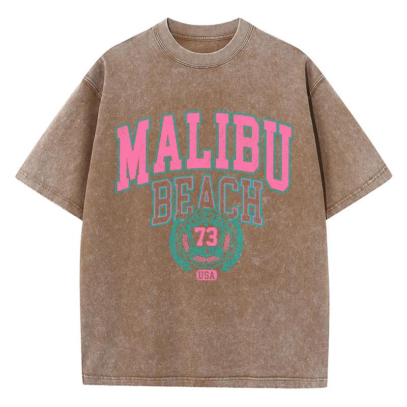 Malibu Beach Washed T-Shirt Women Letter Printing Cotton T Shirt Comfortable Crewneck Tops Casual Oversized Clothes