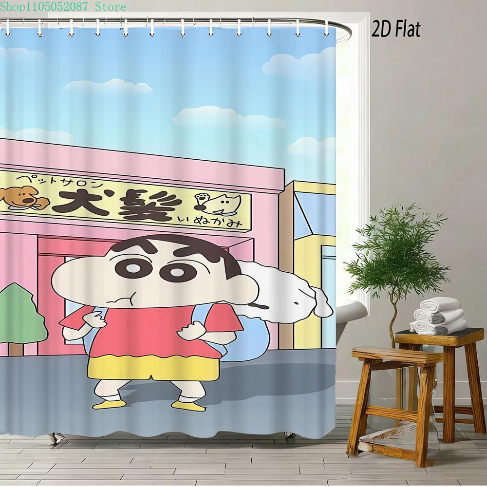 Crayon Shin-Chan & Friends & Shiro & Strange Creature On Green Grass Scene 2D Print Waterproof Shower Curtain, Bright Green Bath