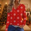 Women's Casual Christmas Print V-Neck Long Sleeve T-Shirt with Decorative Buttons