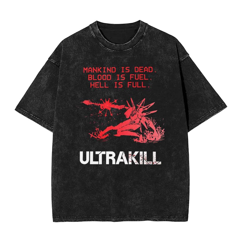 Awesome Ultrakill Shooting Game Graphic Washed Pure Cotton T‑shirt Unisex Oversized Short Sleeve Summer Streetwear Casua68