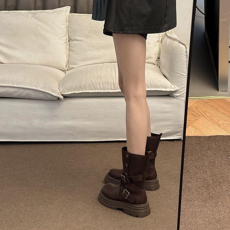 Brown retro thick heel thick-soled Martin boots women's new autumn and winter British style slimming and heightening medium boots