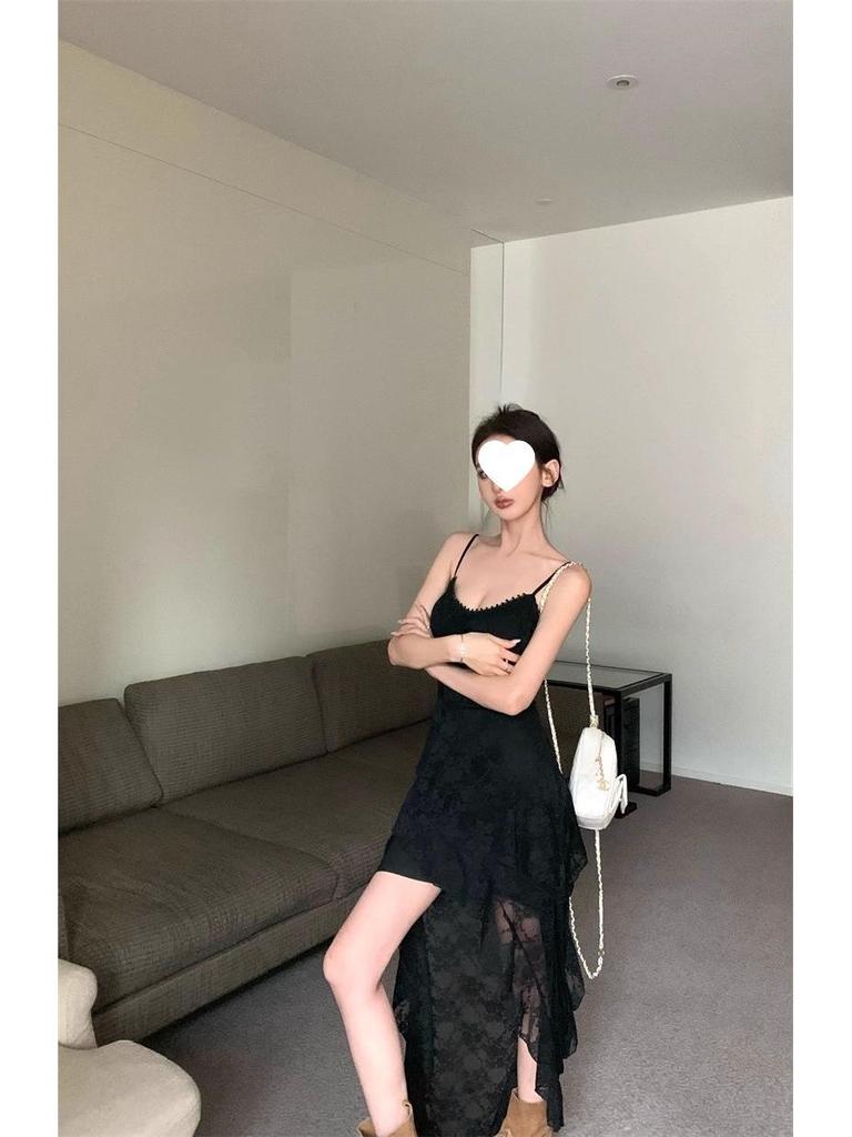 Elegant Women's Lace Ruffle Camisole Dress with Irregular Skirt and Slimming Waist-A-Line Design