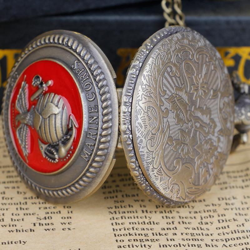 Vintage Marine Corps Themed Quartz Pocket Watch Red Pendant Necklace Souvenir Gift for Kids Gift Reloj De Bolsillo Antiguo