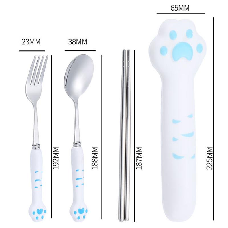 Cute Cat Paw Cutlery Set Stainless Steel Fork Spoon With Storage Box Dinnerware Tableware Silverware Lunch Portable Tableware
