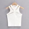 Girls New Solid Asymmetrical Hollow Color Knitted Round Neck Shortsleeved Summer Sexy Vest On The Chest