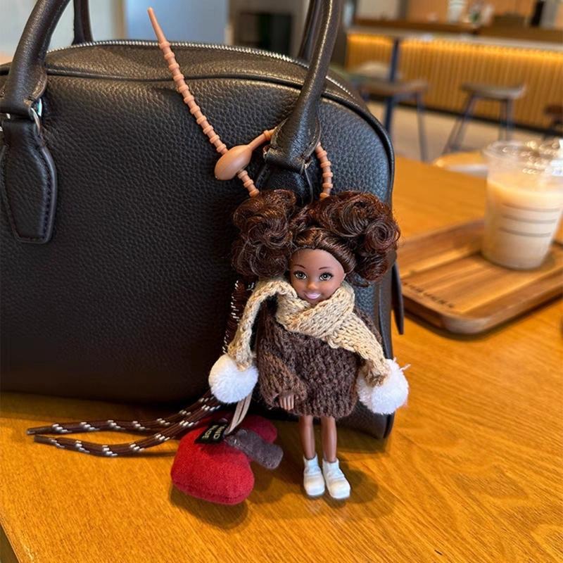 Curly Hair Doll Pendant Keychain with Heart and Braided Rope Backpack Charm Bag Ornament for Stylish Women and Girls