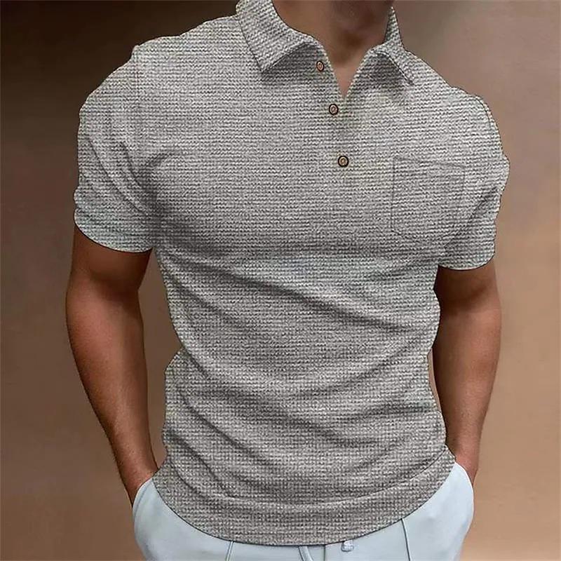 2026 Summer Men s European & American Waffle Short Sleeve Polo Shirt S серый