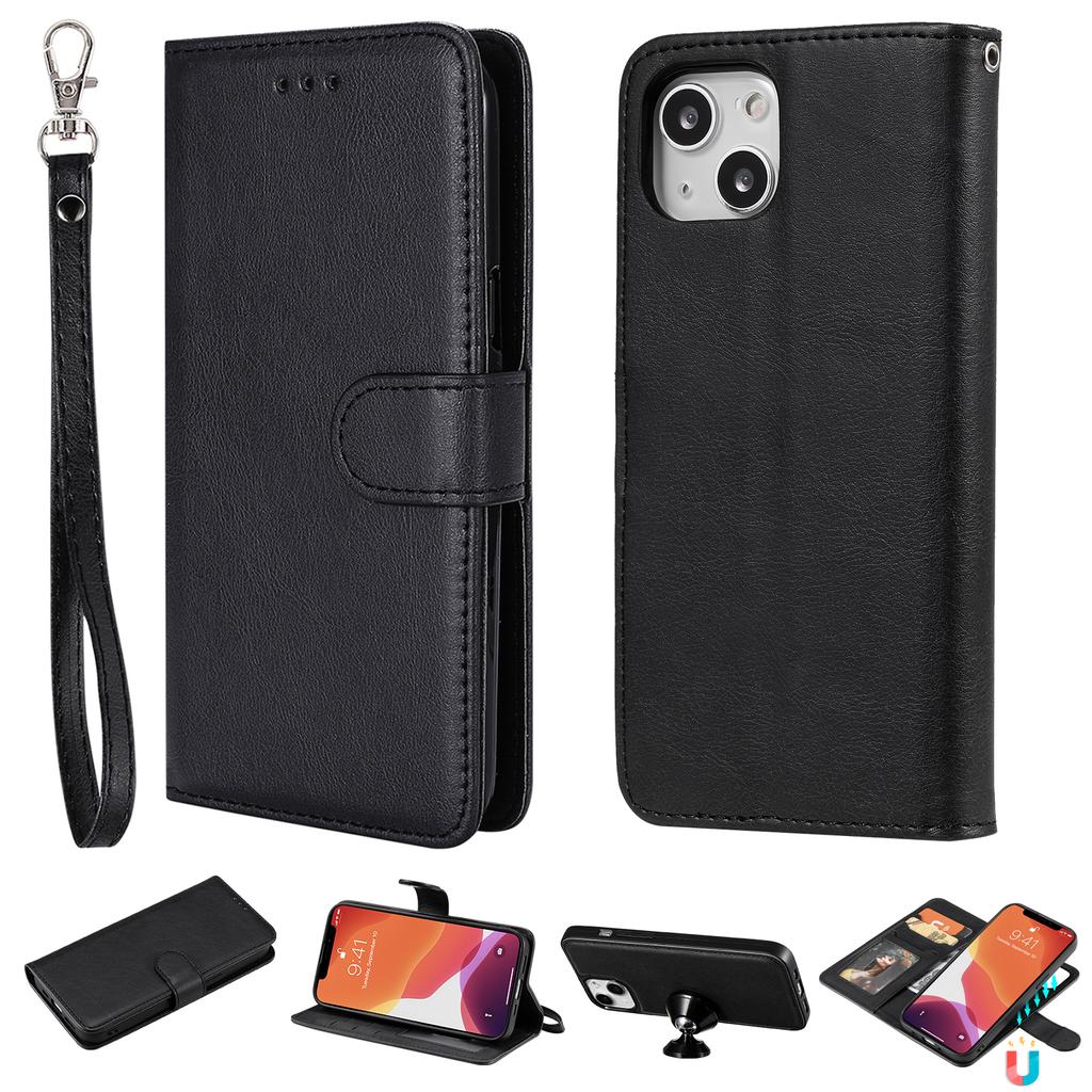 For iPhone 15 Case 2 in 1 Detachable Magnetic Leather Wallet Mobile Cover with Strap