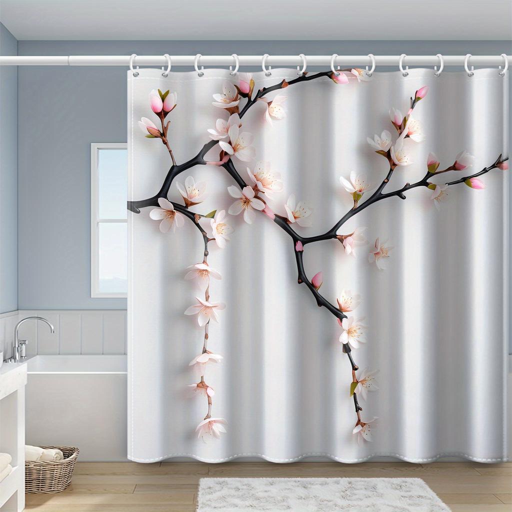 1 shower curtain with black branches and pink peach print on white background, high quality polyester fabric with hooks
