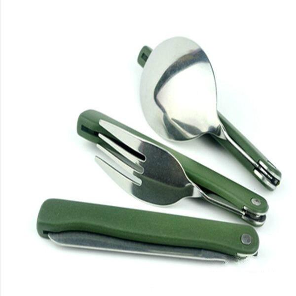 For Hiking Army Green Outdoor Camping Portable Combination Tableware Stainless Steel Cutlery Set