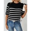 Women S Striped Button Spliced Pullover Round Neck Short Sleeve Knit Sweater