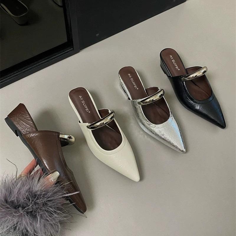 Summer new silver outer wear bag head half slippers light mouth pointed head wedge heel middle heel fitting room shoes new products