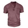 Men Black Washed Henley Neck Short Sleeve Chest Pocket Casual T Shirt