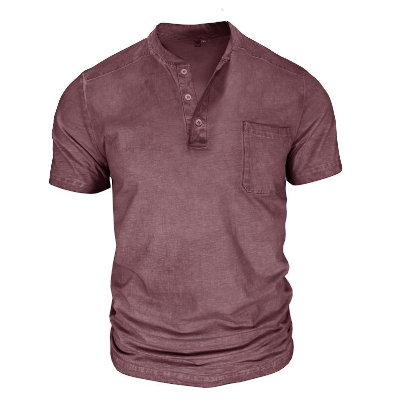 Men Black Washed Henley Neck Short Sleeve Chest Pocket Casual T Shirt