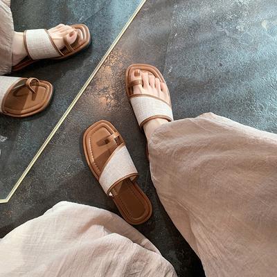 Casual zomers vierkante neus pantoffels van schapenvacht voor dames, echt leer, met strovlechtwerk en platte zool, anderhalve pantoffels, koele pantoffels