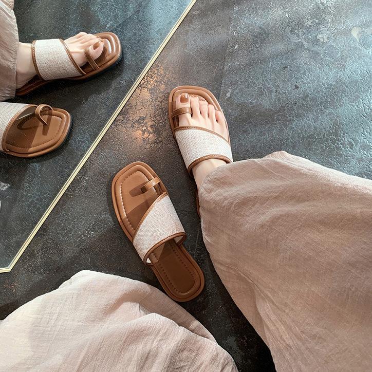 Sheepskin version casual summer square head toe straw splicing flat-bottomed slippers women's genuine leather one-and-a-half slippers cool slippers