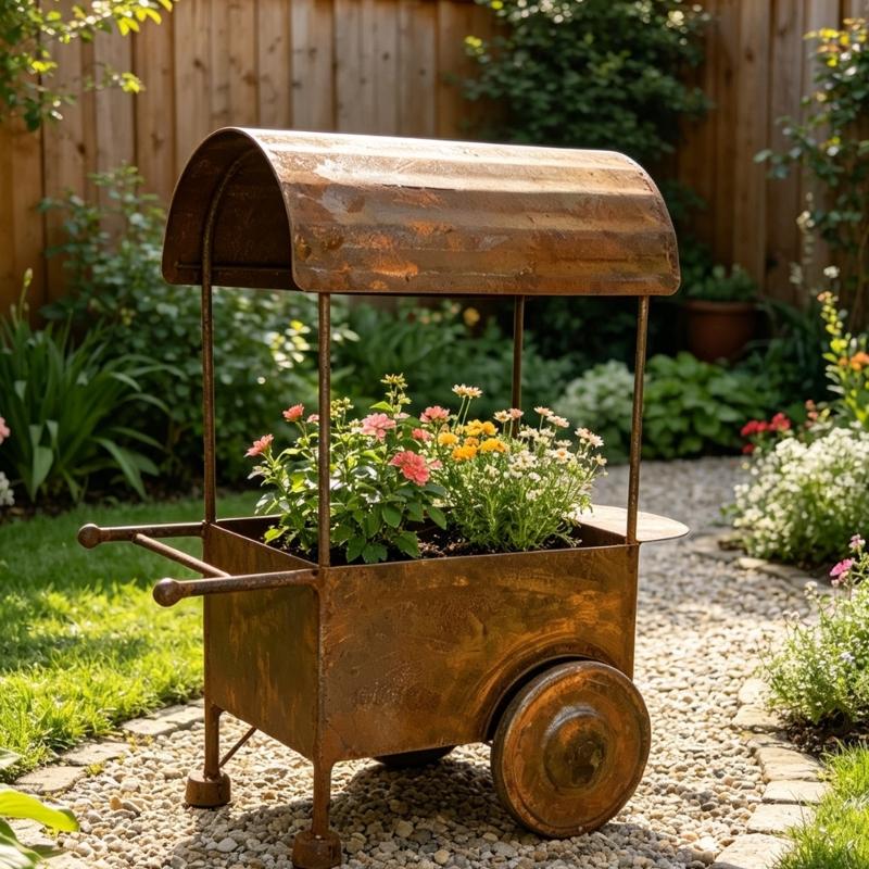 Antique Styles Metal Flower Pot Cart With Antique Finish Perfect For Patios And Yard Decoration Lawn Ornament Display
