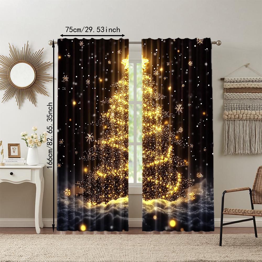 2Pcs Golden Christmas Tree Print Curtains Rod Hole Design For Easy Hanging Perfect For Living Room Bedroom Office Polyester Home