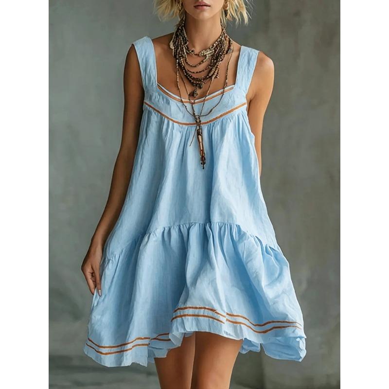 PEYWOW Women's Fashion Summer Spring Solid Color Print Sleeveless Square Collar Casual Dresses