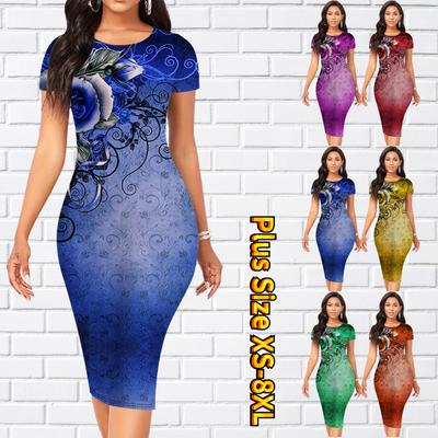 Vestido Ajustado de Manga Corta hasta la Rodilla Moda Mujer Midi Estampado de Flores de Rosa 3D