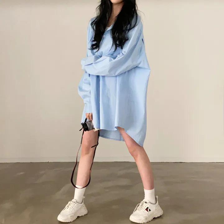 Übergröße Koreanischer Stil Blau Langarm Hemdkleid für Damen - Frühling/Herbst 2025