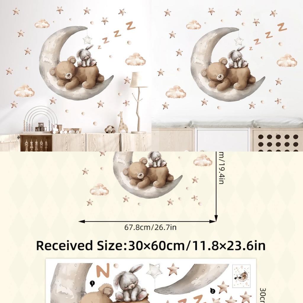 Moon Rabbit Bear Wall Stickers Cute Ins Style Cartoon Decals for Kids Room Nursery Kindergarten Decor Home Background Decal